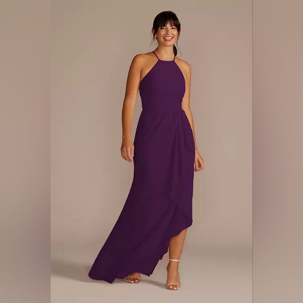 David's Bridal Dress: high-neck chiffon with cascade